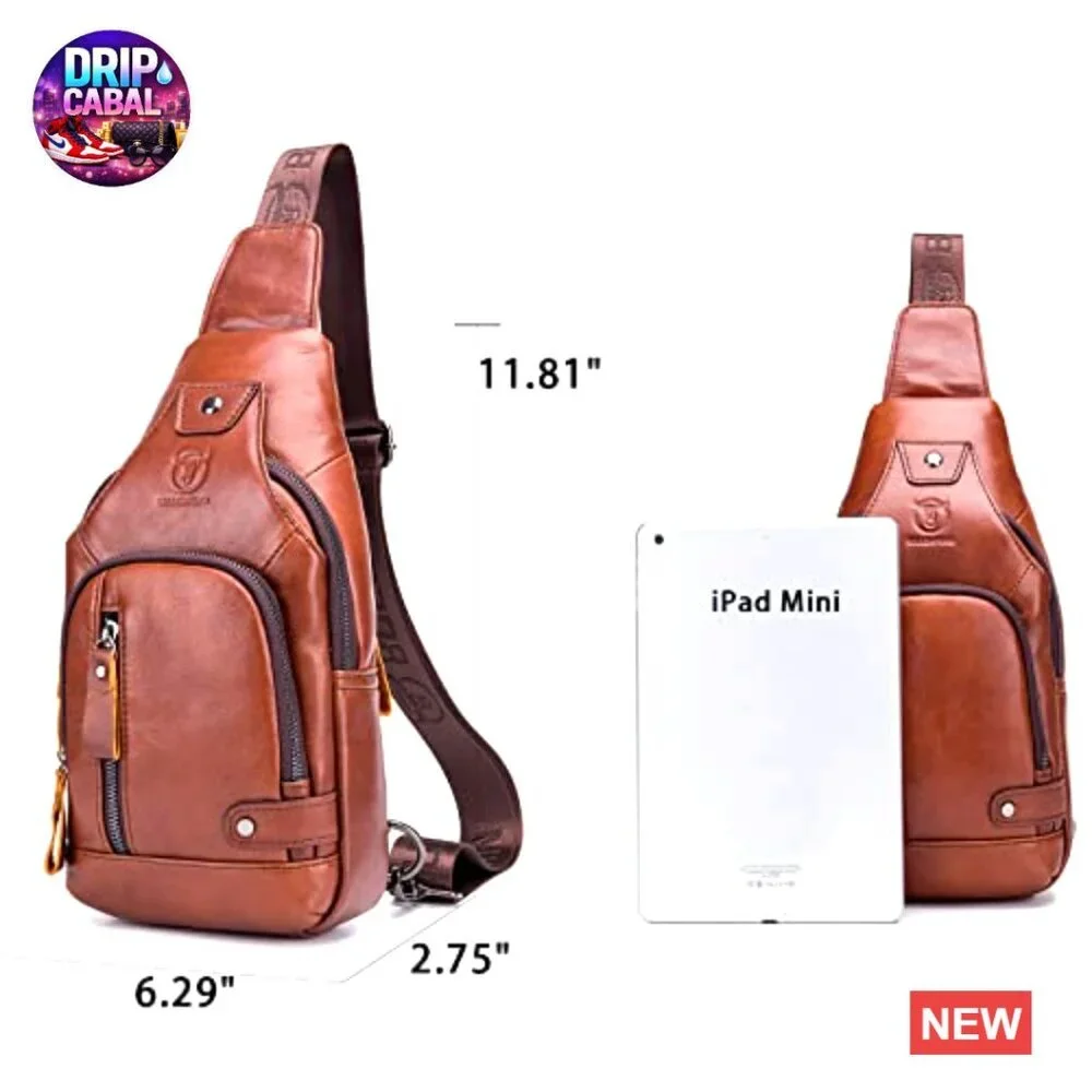 Genuine Leather Sling Bag with USB Port, Adjustable Strap